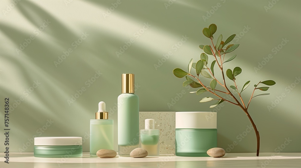 An elegant arrangement of skincare products against a neutral backdrop. A branch with robust green leaves stretches subtly across the composition. Nestled among the items are small, smooth stones. 