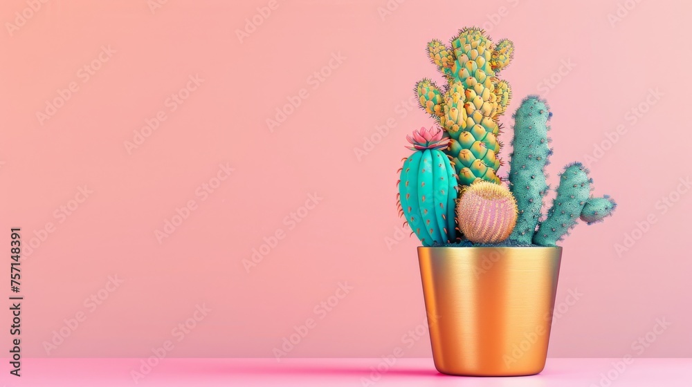 A vibrant cactus thrives in a luxurious gold pot against a soft pink backdrop