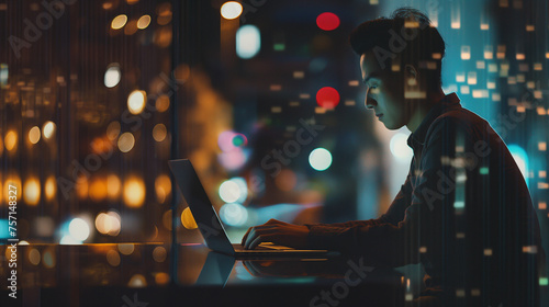 Concept of digital diagram,graph interfaces,virtual screen,connections icon.Young finance analist working at modern office.Man using contemporary laptop at night,blurred background.Horizontal.