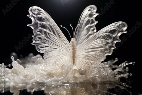 Macro shot of a sugar sculpture resembling a delicate butterfly on a black background. photo