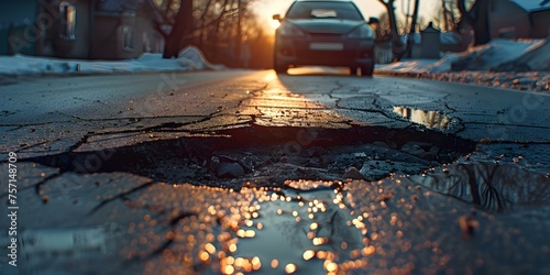 Pothole-ridden Street at Dusk with Car Near Cracked Road. Concept City infrastructure, Road maintenance, Urban decay, Traffic safety, Pothole repair photo