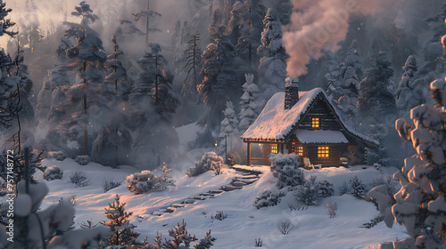 A cozy cabin nestled in a snowy forest, with smoke curling from the chimney and warm light spilling from the windows