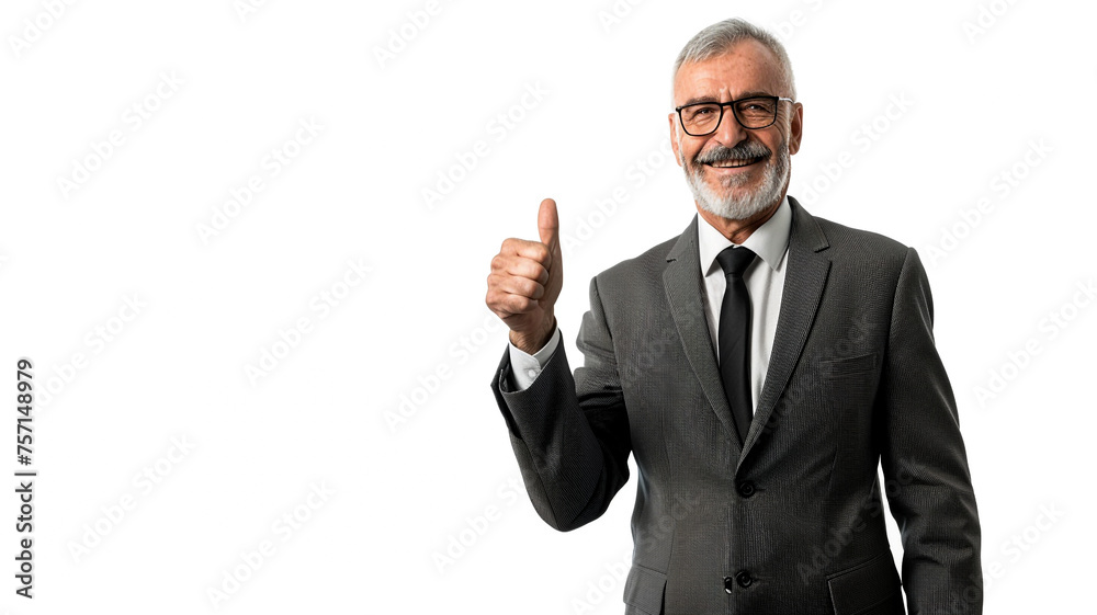 Mature businessman in a suit giving a thumbs-up, isolated on a white background. Mature businessman in a suit giving a thumbs-up, isolated on a white background.