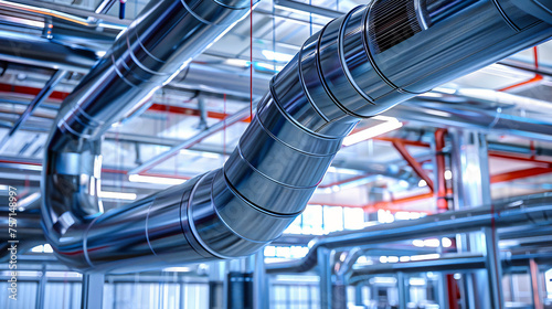 Advanced air conditioning and ventilation systems, showcasing metallic tubes and pipes in a factory setting