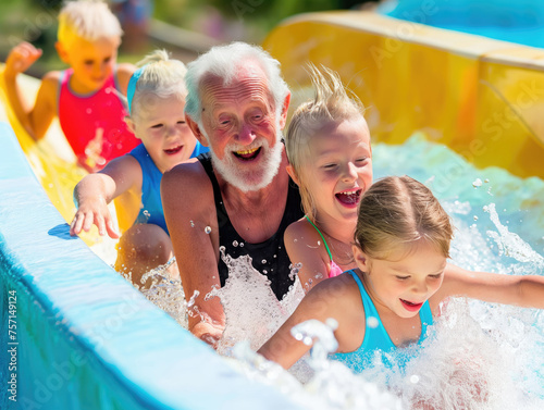 A group of children and their grandfather are enjoying a water slide together in a water park. Wearing swimsuits. joyful and playful scene