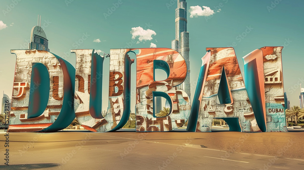 The sleek letters of "DUBAI" are accompanied by the modern and stylish design of the Dubai flag - obrazy, fototapety, plakaty 