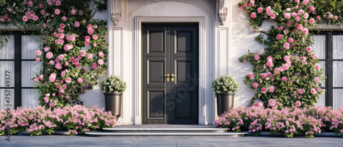 Floral mockup with doorway. Front door  entrance  decorated peonies flowers. Home exterior  patio  backyard in a modern villa  penthouse. Facade of a modern house Generative ai