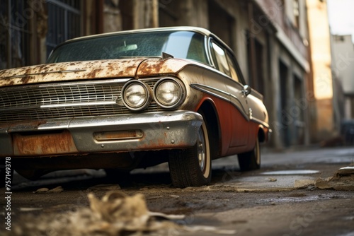 Close-up of a classic car's weathered fender with rusted edges in a deserted industrial area