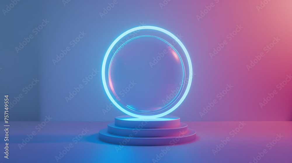 3d holographic round podium with steps. Product display made out of neon glass. Mockup cosmetic stage presentation, purple color background. 3d holographic round podium with steps. Product display made out of neon glass. Mockup cosmetic stage presentation, purple color background.