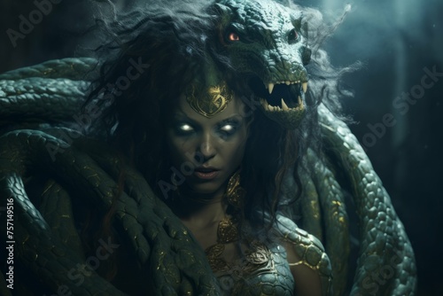 Mythical gorgon turning man to stone with petrifying gaze.