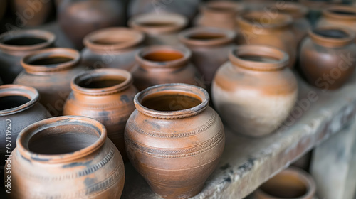 Rows of handmade clay pots on a shelf.