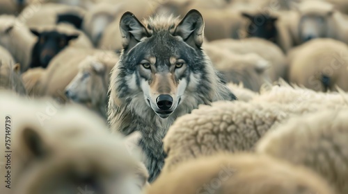 A Wolf In Sheep s Clothing - A wolf hiding among dozens of sheep 