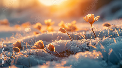 The first delicate buds and vibrant spring flowers push through the remaining snow on the ground.  photo