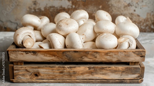 fresh white champignons, mushrooms in a wooden box