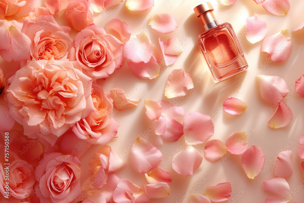 glass bottle of perfume with fresh flowers, roses, aroma of tea rose with petals, view from the top glass bottle of perfume with fresh flowers, roses, aroma of tea rose with petals, view from the top