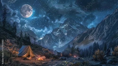 camping in a mountain gorge, a yellow and green glowing tent under a huge night sky decorated with stars. photo
