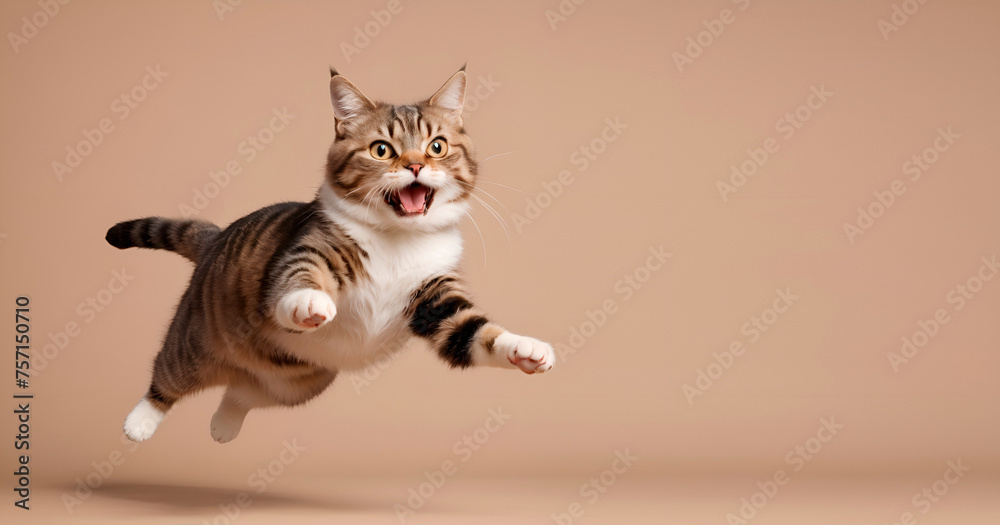funny bouncing cat on beige background. copy space, text location
