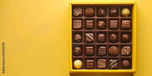 Box of chocolates top view Natural chocolate candies in a beautiful cardboard box Sweet chocolates on yellow background Tasty chocolate candies in box, top view. Valentine's day celebration.