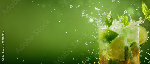 Ice-cold summer cocktail with mint and lime, close-up view of a Mojito cocktail with splashes, wide green background with copy space
