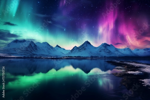 Aurora borealis illuminating the night sky with vibrant colors and dynamic movement, set against a serene landscape. © Michael Böhm