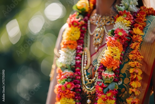 A cultural outdoor wedding ceremony in a botanical garden  with traditional attire