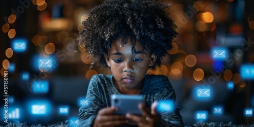 A focused black boy engrossed in technology, using a smartphone at night.