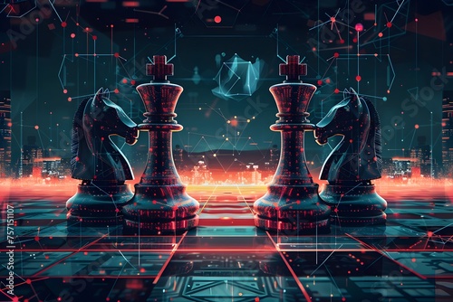Artificial Intelligence. digital style illustration features two chess pieces, on board with a cyberpunk inspired background The abstract design showcases geometric patterns, glowing neon lines
