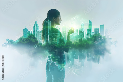 Smart City. 3D rendered digital artwork featuring an businesswoman interacting with a hologram of a green city skyline, digital technology agriculture, smart farming concept photo