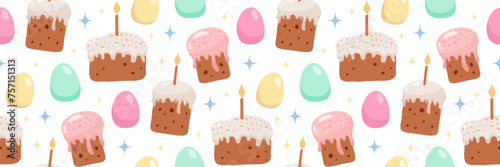 Spring Easter seamless pattern with cakes and colored eggs. Traditional religious sweet pastries.