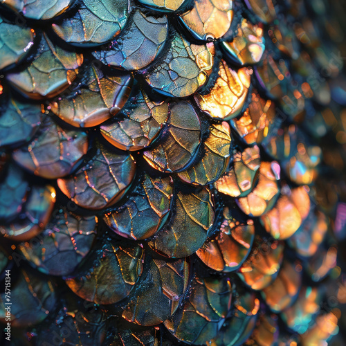 Close-up of a mermaid tail with glitter scales reflecting the light in a spectrum of colors © Cherrita07