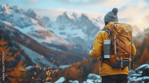 traveler in orange jacket and grey hat with backpack on his back standing on the mountain