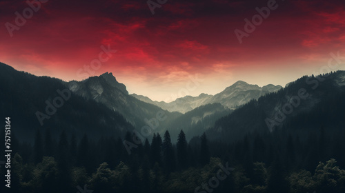 Eerie Natural Background of a Dark Forest Against Mountain Silhouettes and a Red Heavy Sky, Evoking a Sense of Foreboding and Unease, Ideal for Mystery, Horror, or Fantasy-themed Artworks and Designs