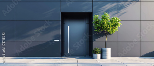 Minimal mockup with doorway. Facade of a modern house with front door, entrance home exterior. patio, backyard in a modern villa, penthouse. Generative ai photo