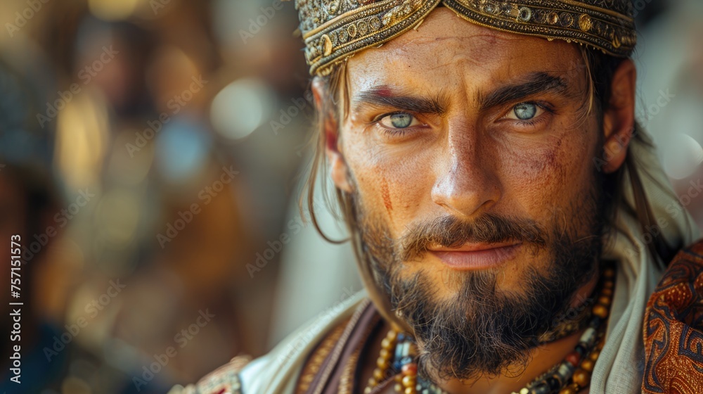 Fototapeta premium Regal king with intense gaze wearing a crown and royal attire.