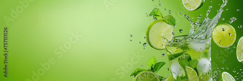 Ice-cold Mojito cocktail with mint and lime explosion, and splashes, panoramic green banner with copy space