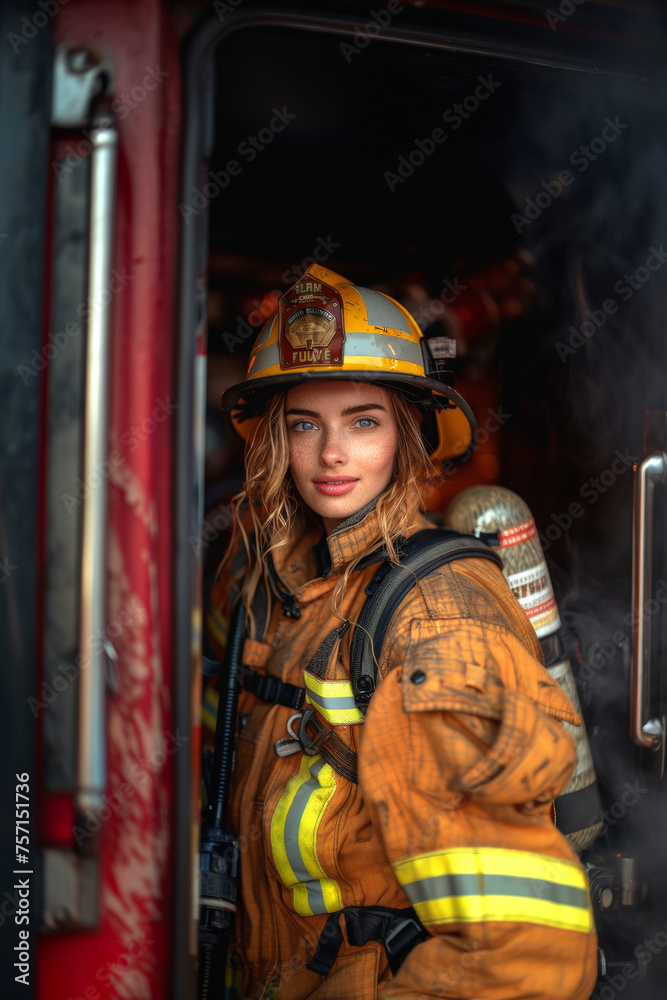 Female firefighter inside the fire truck