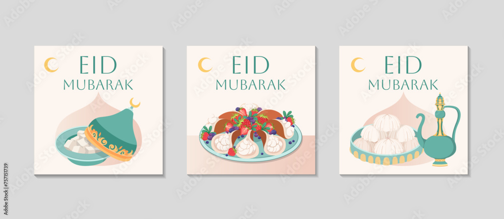Eid Mubarak greeting card set. Festive background with Arabic sweets and tea. Traditional food.