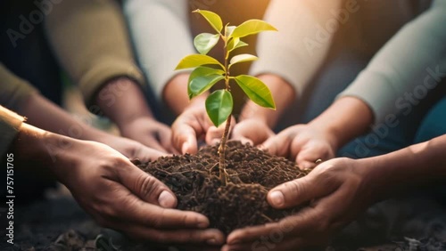 Plants, sustainability and the earth in the hands of business people for teamwork, support or environment Collaborating, growing, and investing in people and the soil for the future. photo