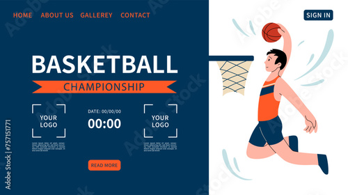 Basketball championship web banner. one basketball player with ball. Background for sports standings photo