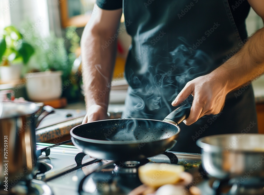 Chef hands keep wok with fire. Closeup chef hands cook food with fire. Chef man burn food at professional kitchen.