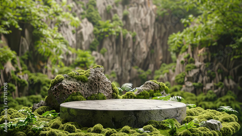 3d round podium in green forest. Stone platform for cosmetic presentation. Mockup stage for product. Green natural Background for product. photo