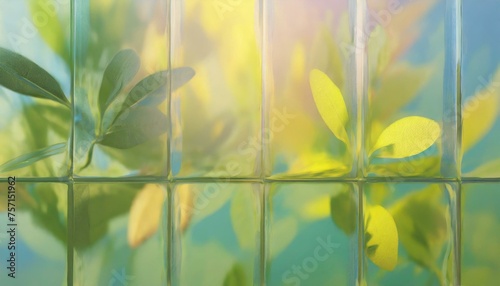 Green plant leaves against pastel watercolour bright sunlit glass brick wall as background. 