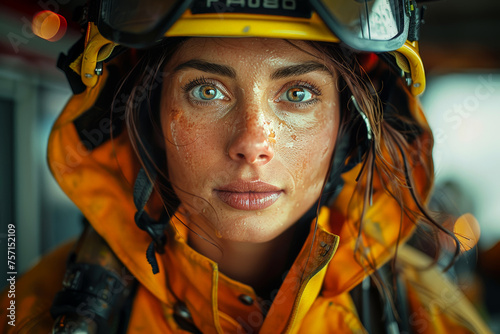 Portrait of an exhausted female firefighter