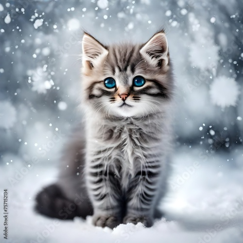 Cute little gray kitten sitting on the snow with copy space for text. Snowy winter background. Christmas background