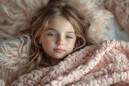 A girl sleeps peacefully in bed with a sweet smile on her face beautiful little girl sleeping in bed in the morning cozy comfortable bed at home  © Sittipol 