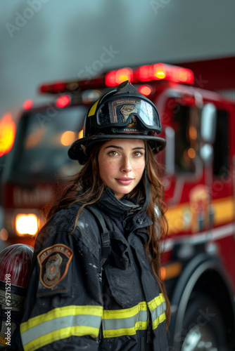 Female firefighter equipped with protections with the fire truck in the background