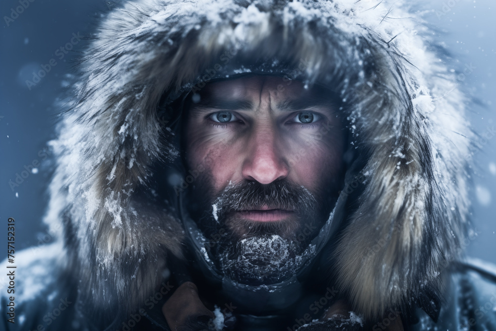Portrait of an adventurous explorer man warmly dressed and wearing sunglasses on an arctic expedition with low temperatures Portrait of an adventurous explorer man warmly dressed and wearing sunglasses on an arctic expedition with low temperatures