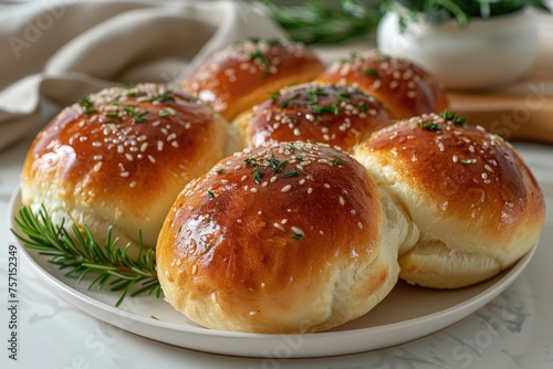 Freshly baked buns with sesame seeds on a decorative plate.