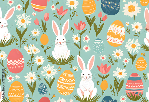 Easter illustration with Easter eggs and Easter bunnies.