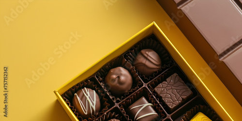  one kind chocolate box, gold wrapped selection of Group photo of chocolate taken against yellow background Chocolate close up Festive background for Valentine's Day. Selective focus. photo